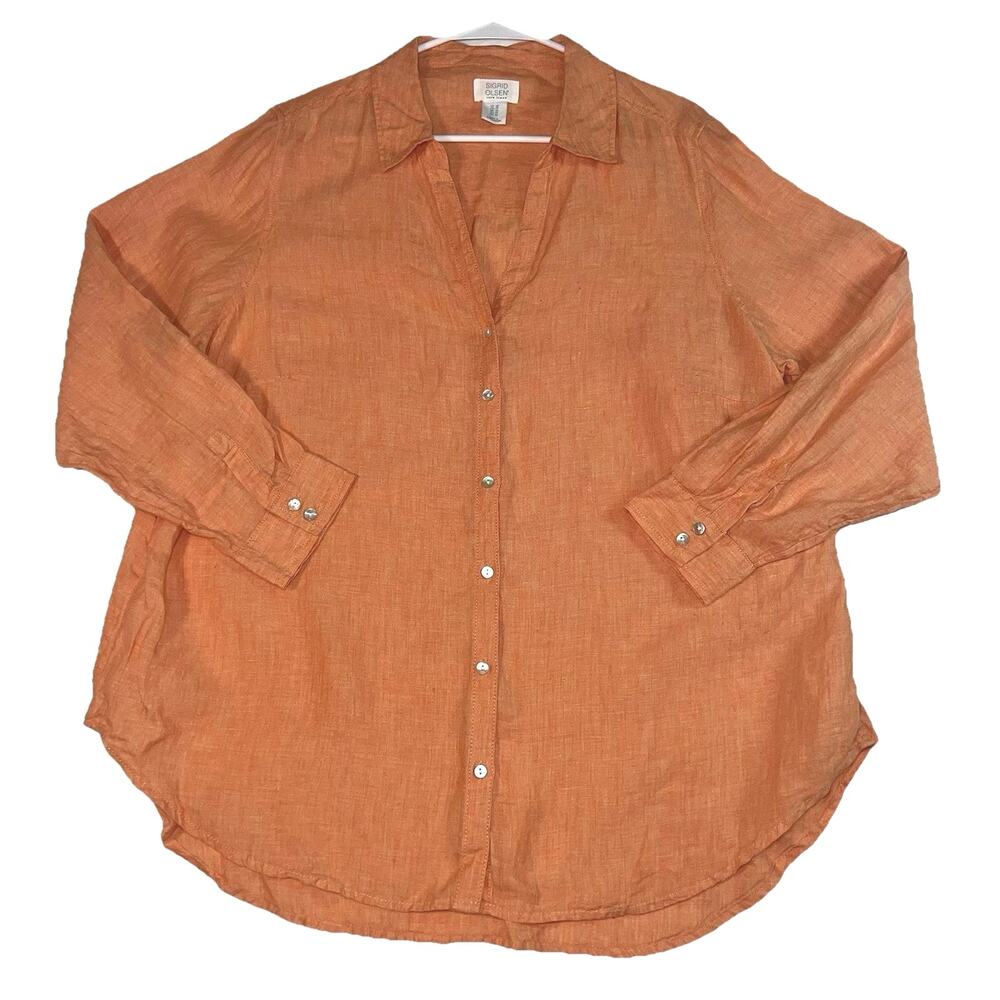 Sigrid Olsen Shirt Womens Plus Size 1X Light Orange Linen Roll-Tab Sleeve Button